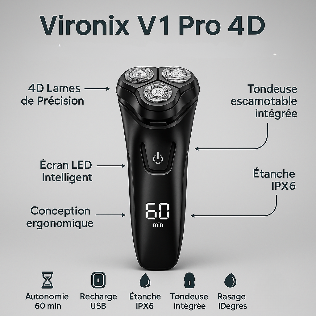 Vironix™ V1 Pro Rasoir Électrique 4D – Rasoir Rotatif Étanche avec Lames de Précision et Tondeuse Intégrée