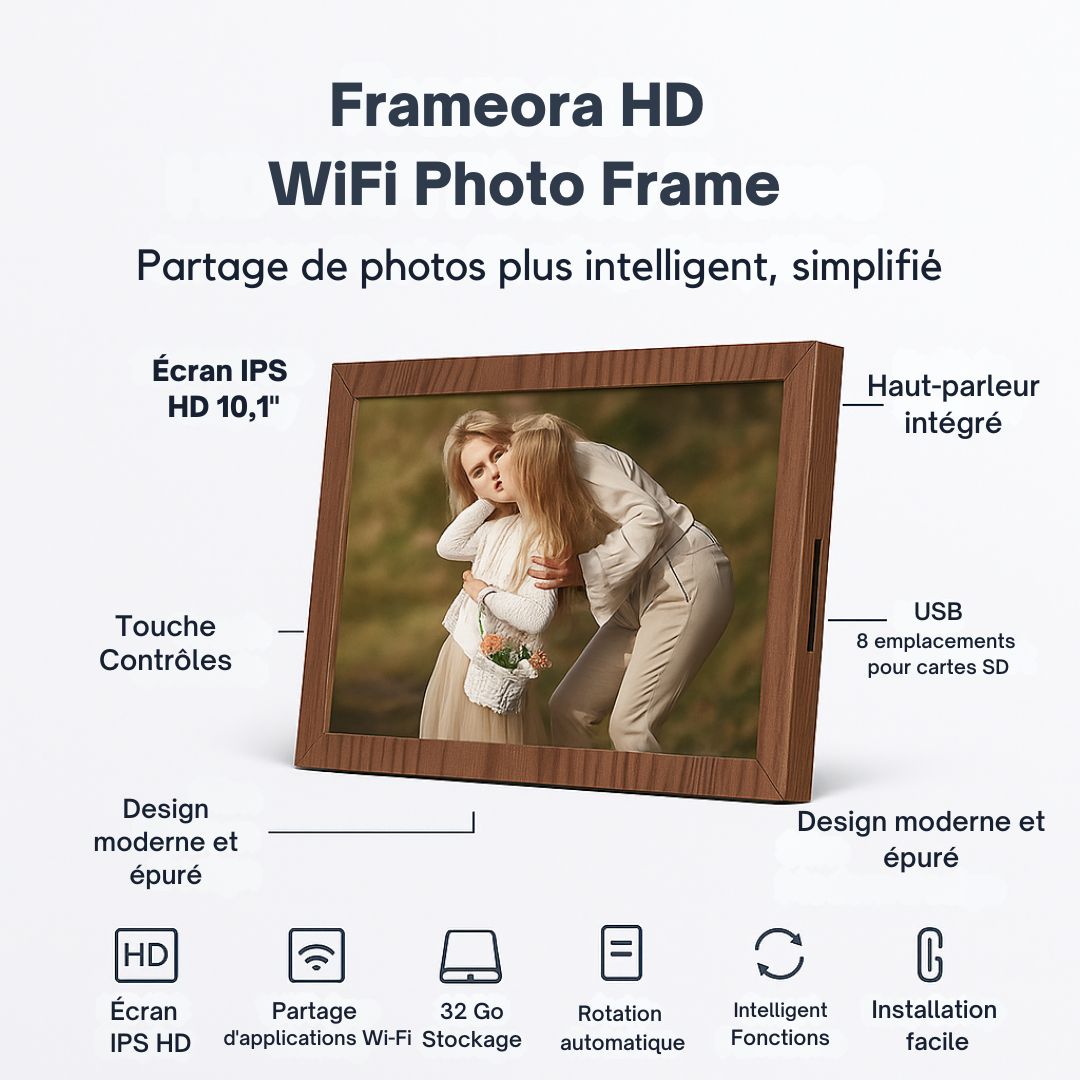 Frameora HD WiFi Cadre Photo – Écran Tactile IPS de 10,1"