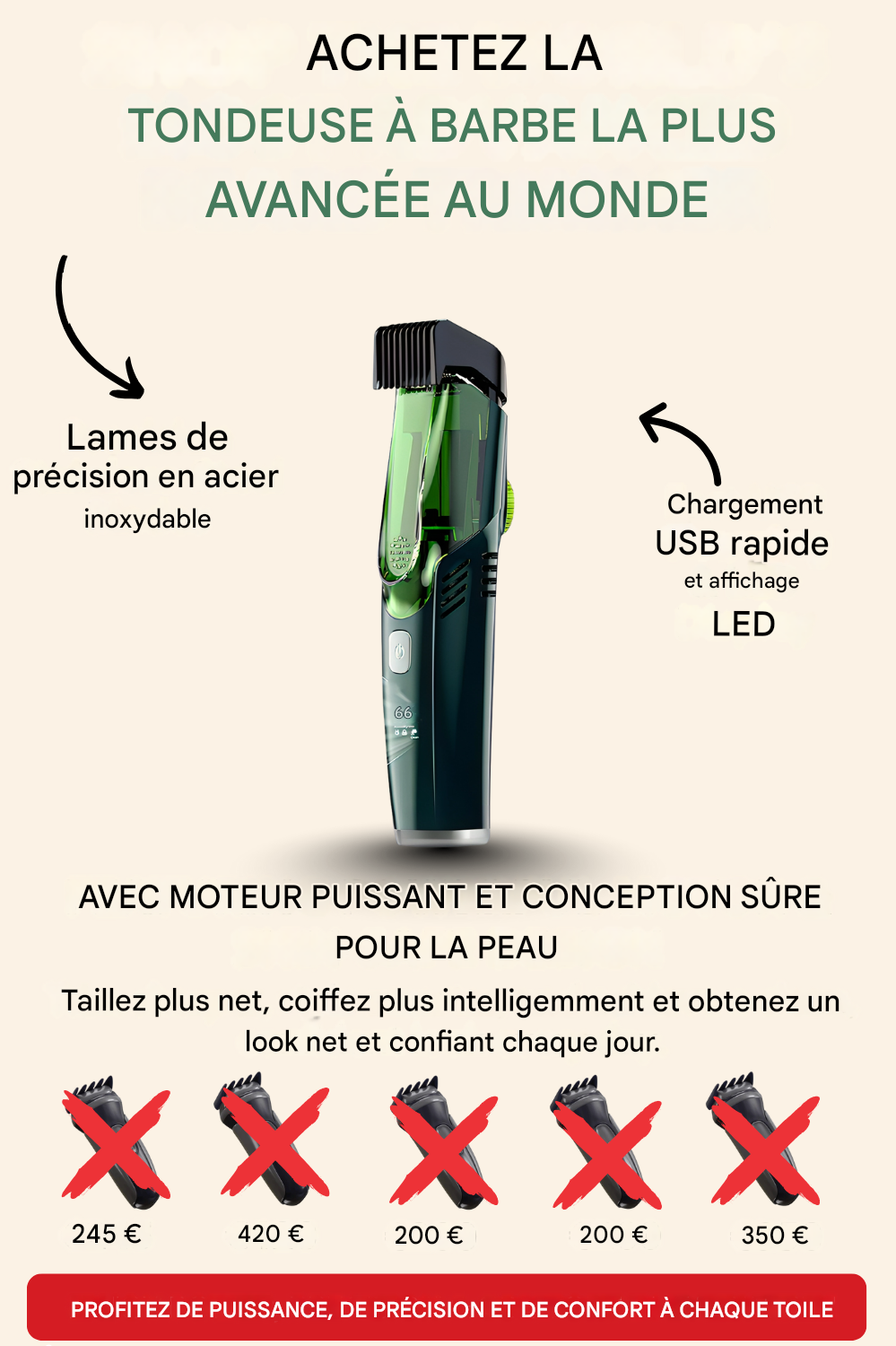 BeardCrafter X7 – Tondeuse à barbe sans fil à longueur réglable et chargement rapide par USB