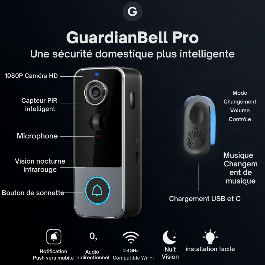 GuardianBell Pro Sonnette AI avec vision nocturne