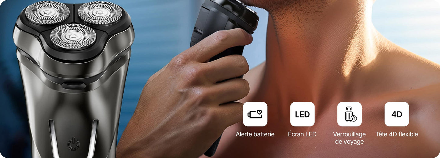Vironix™ V1 Pro Rasoir Électrique 4D – Rasoir Rotatif Étanche avec Lames de Précision et Tondeuse Intégrée