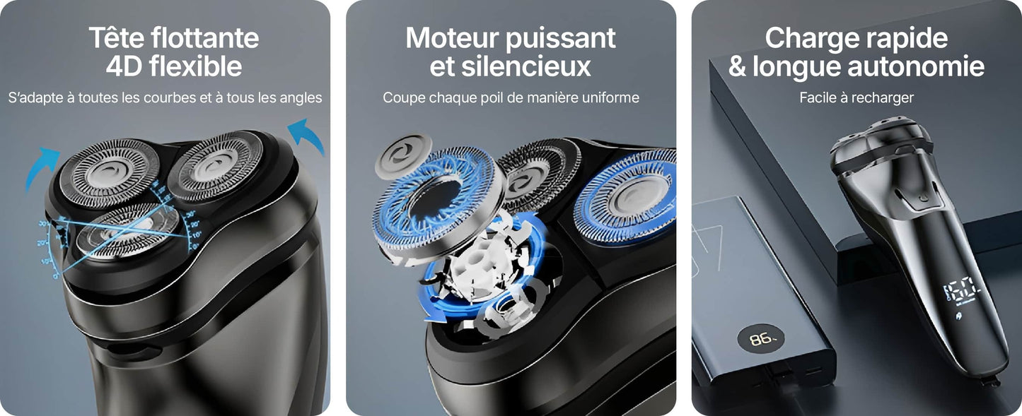 Vironix™ V1 Pro Rasoir Électrique 4D – Rasoir Rotatif Étanche avec Lames de Précision et Tondeuse Intégrée